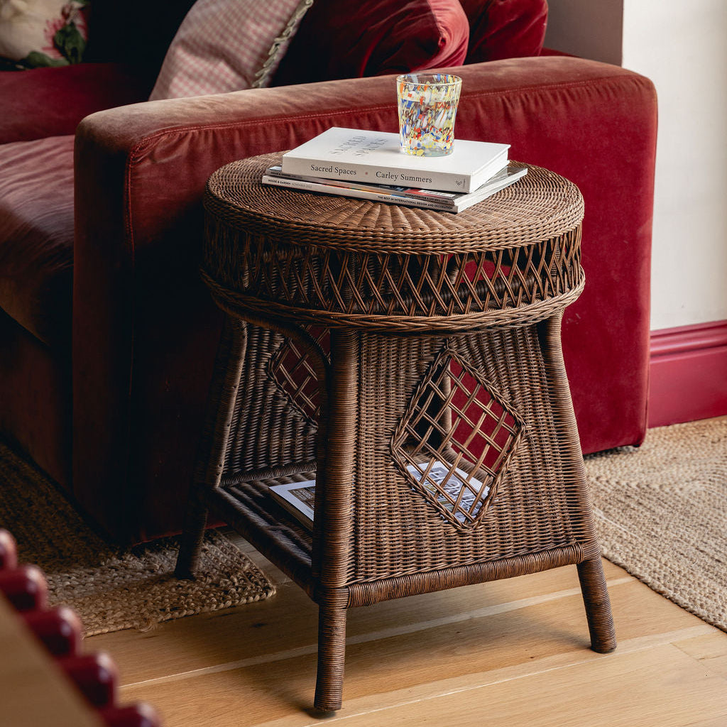 Cecily Round Side Table, Teak lifestyle by sofa