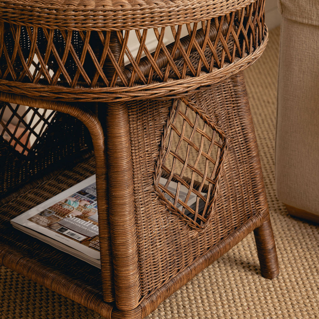 Cecily Round Side Table, Teak lifestyle close up