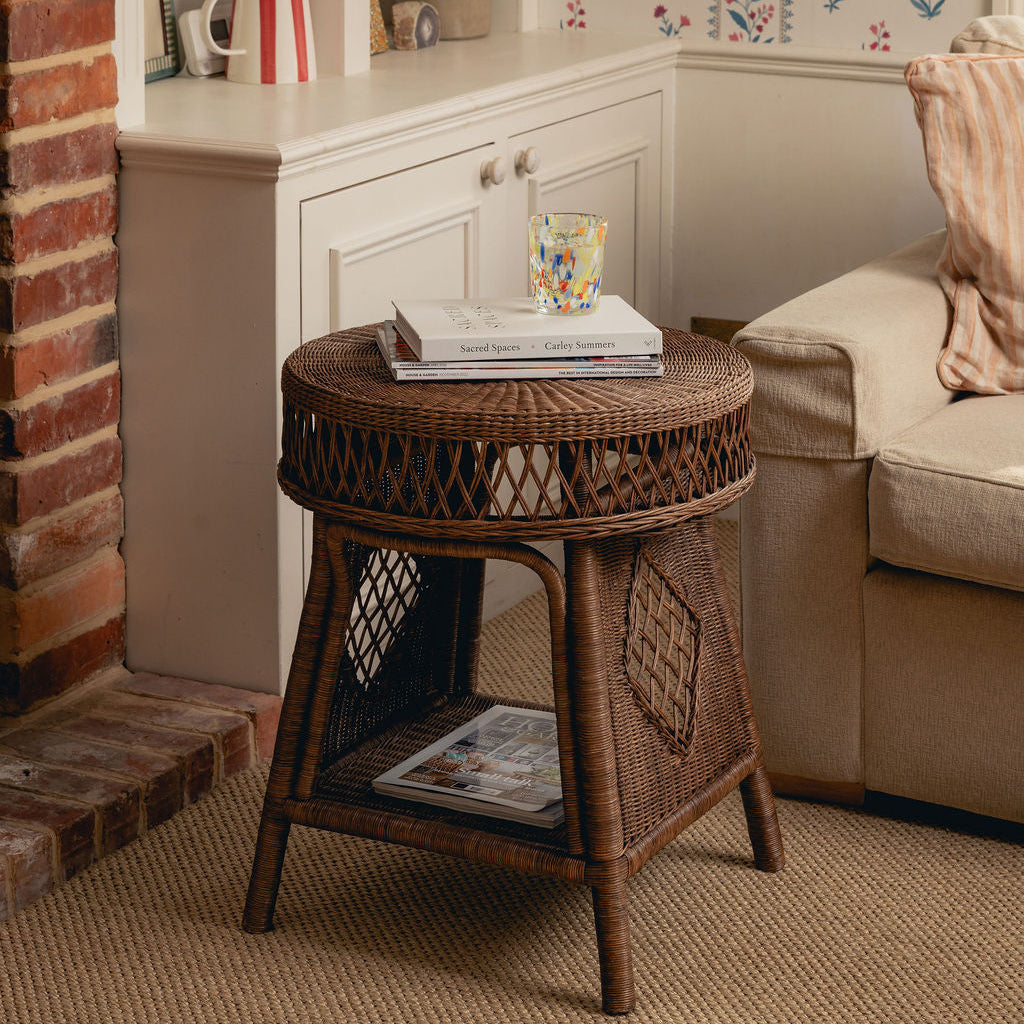 Cecily Round Side Table, Teak lifestyle with sofa