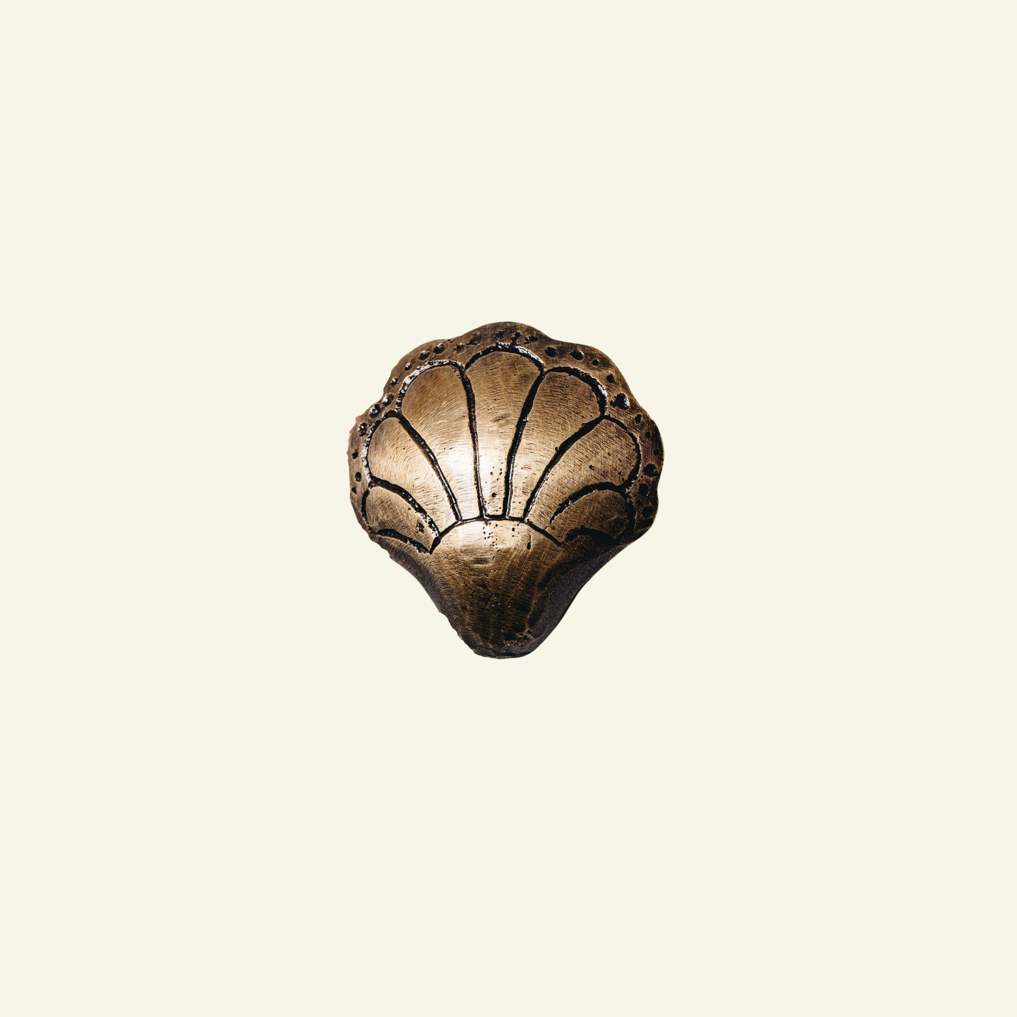 Bronze shell-shaped object on a beige background