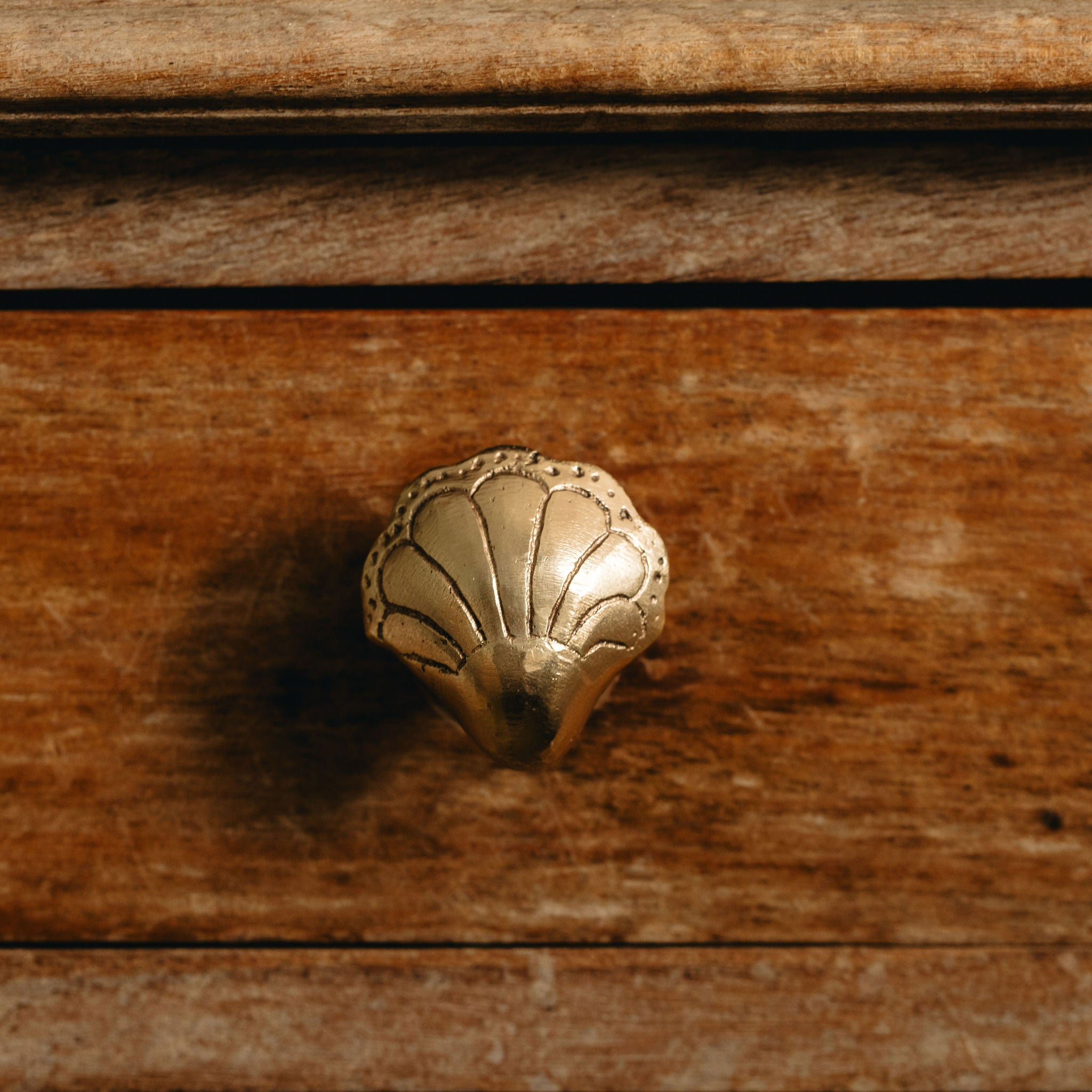 Gold ring with shell design on a wooden surface