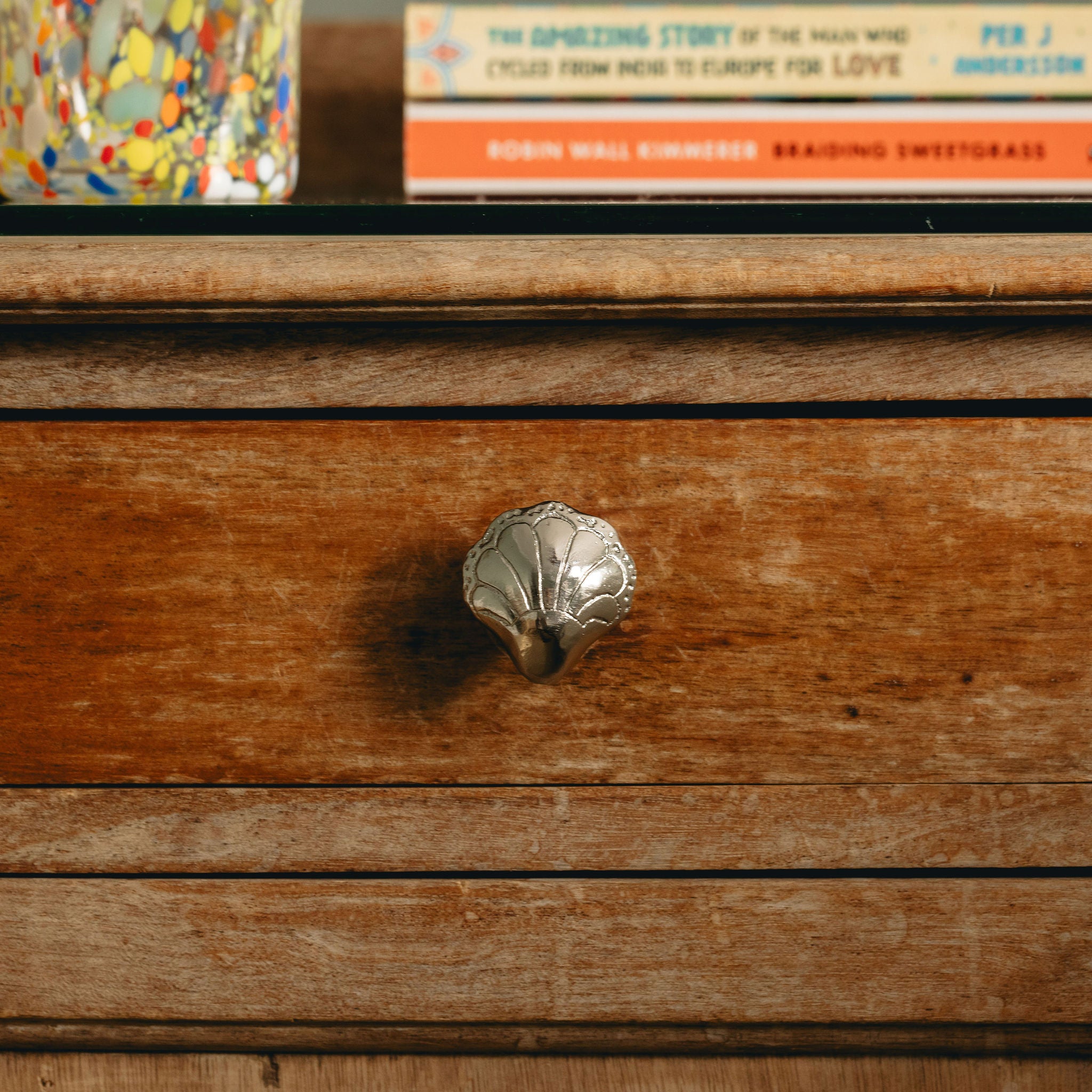 Wooden drawer with a metal knob on a shelf with books in the background
