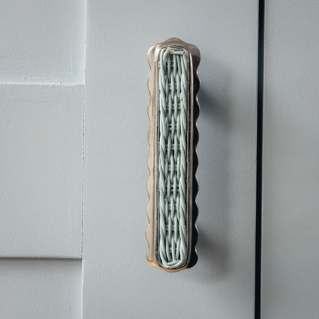 Delilah Handle, Blue & Polished Chrome on a cabinet