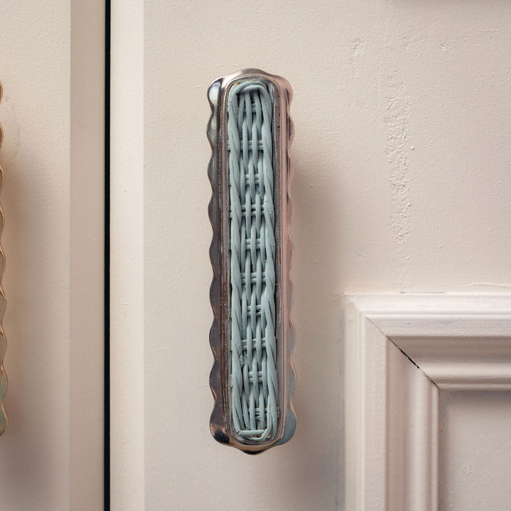 Delilah Handle, Blue & Polished Chrome on a cabinet