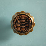 Delilah Round Knob Teak, Aged Brass on blue background