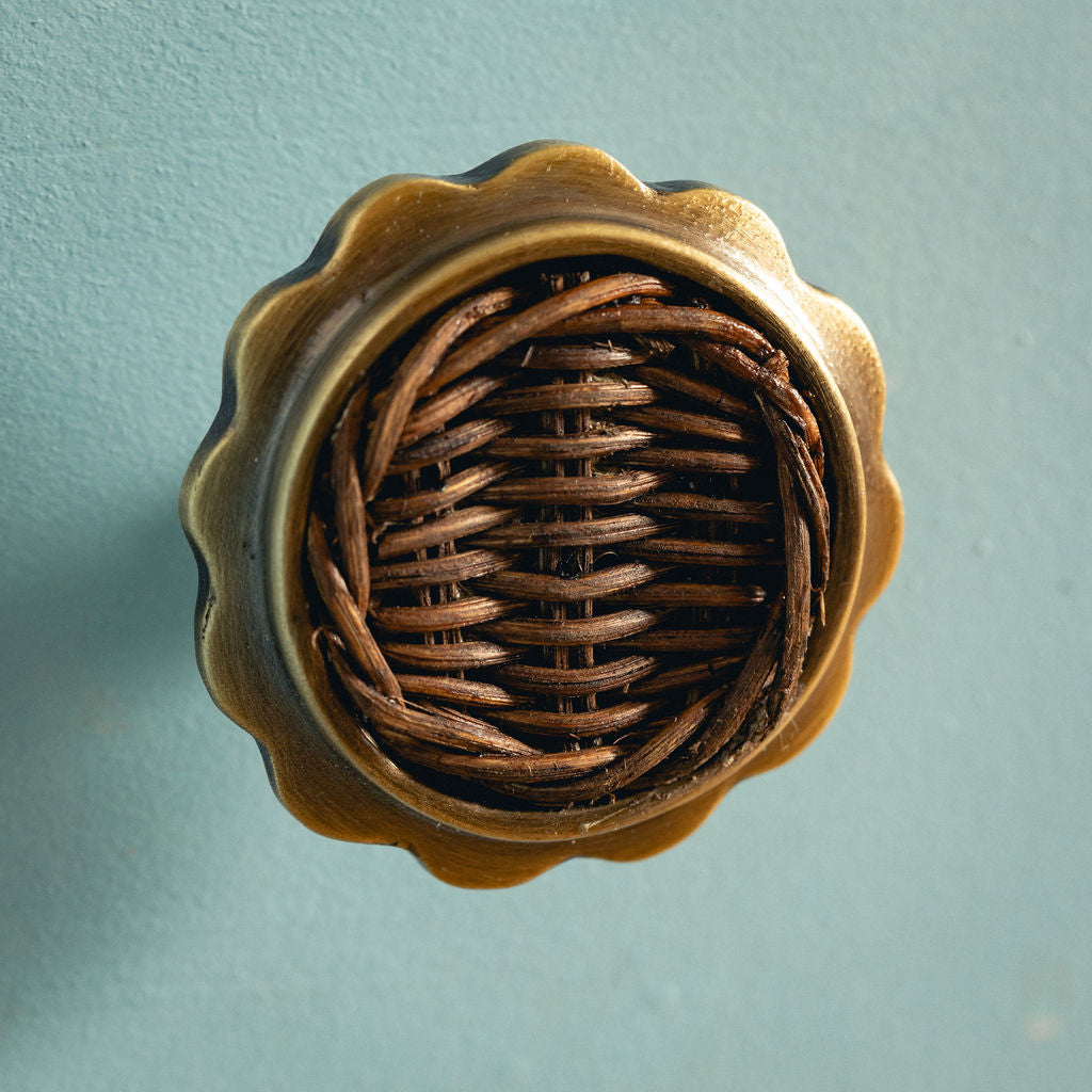 Delilah Round Knob Teak, Aged Brass side