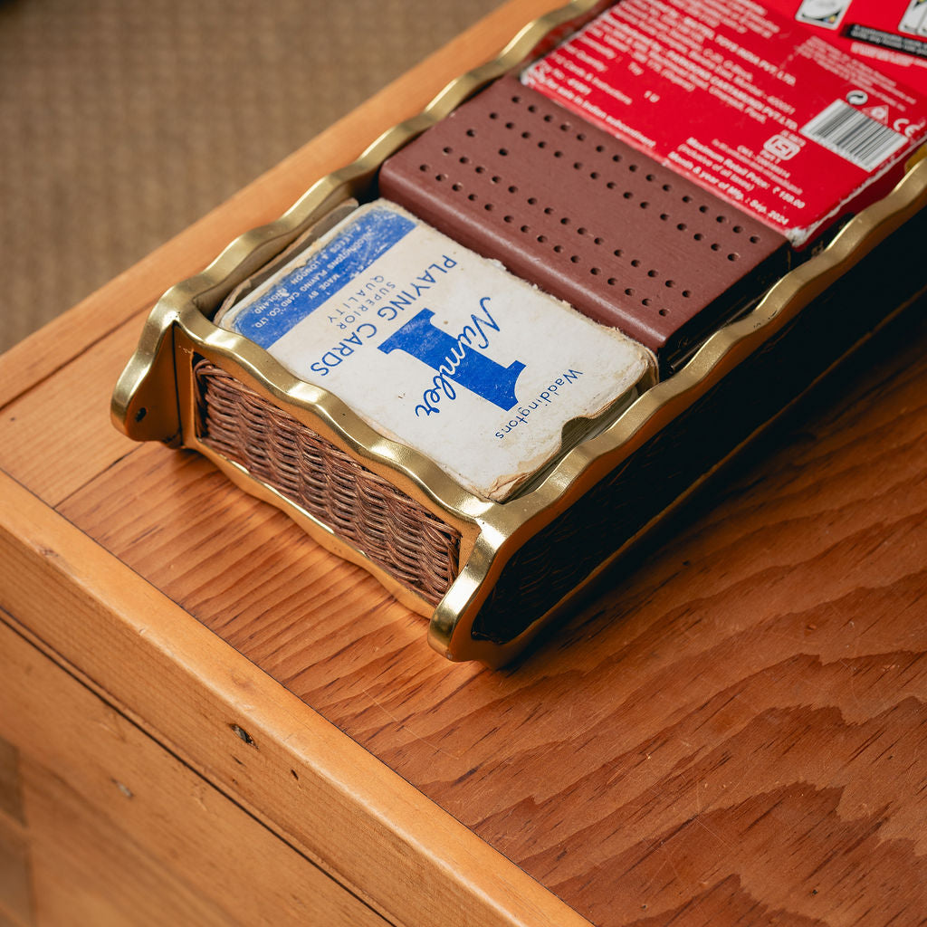 Delilah Small Tray, Brass & Teak with cards close up