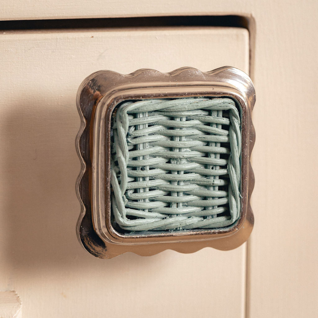 Delilah Square Knob Blue, Polished Chrome cream background