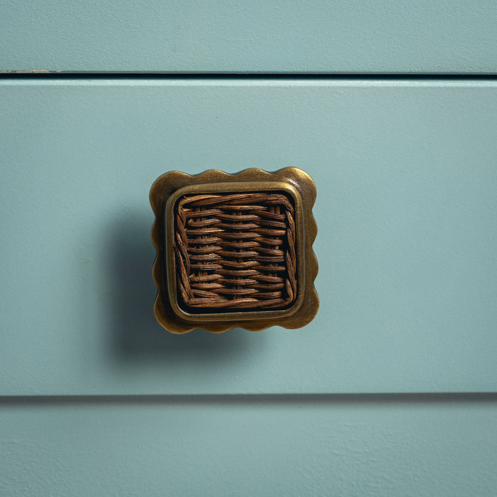 Delilah Square Knob Teak, Aged Brass blue background