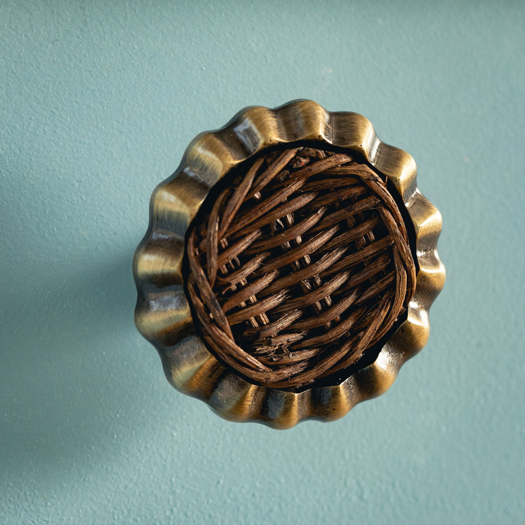 Eloise Round Knob Red, Lacquered Brass blue background 