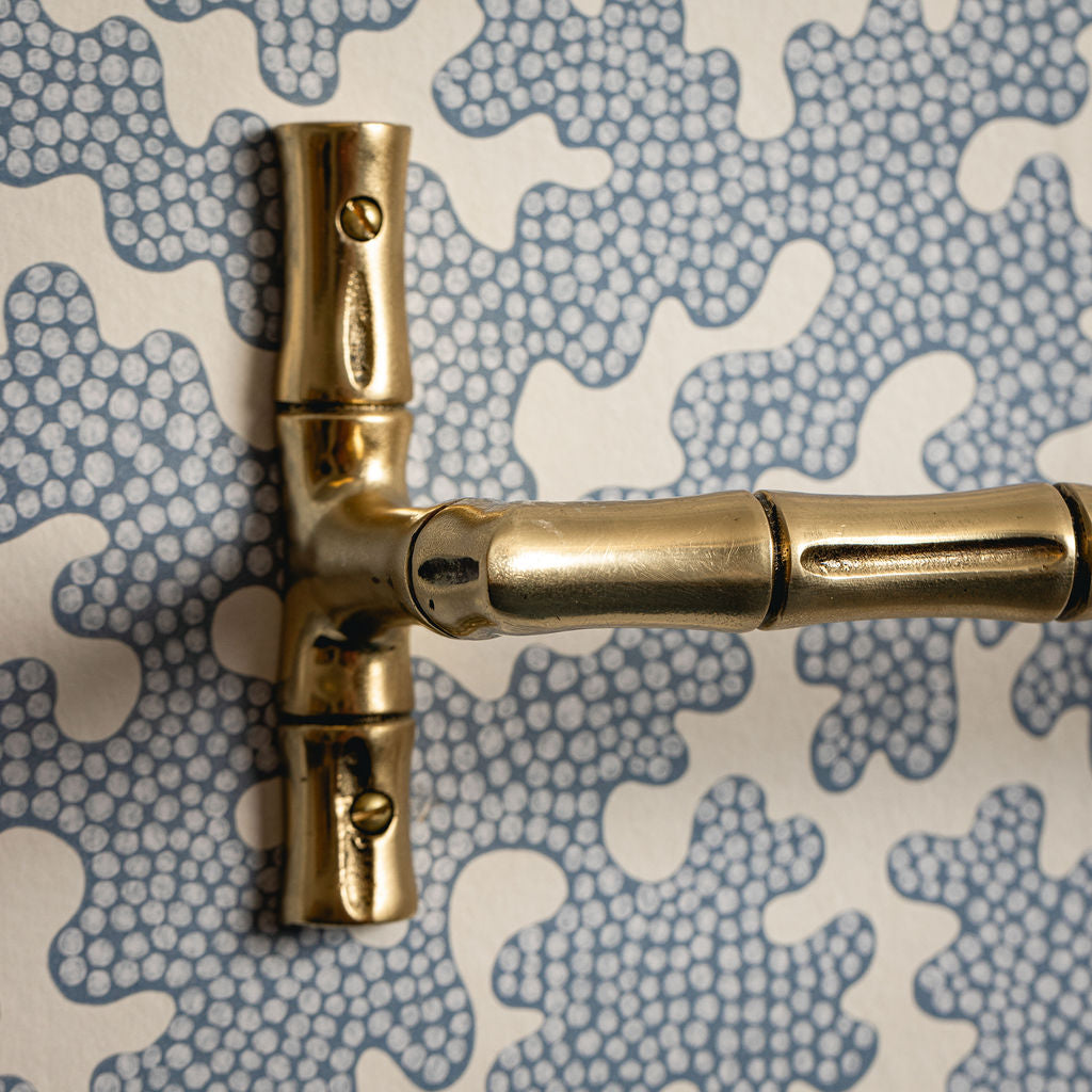 Brass door handle on a textured blue and white background