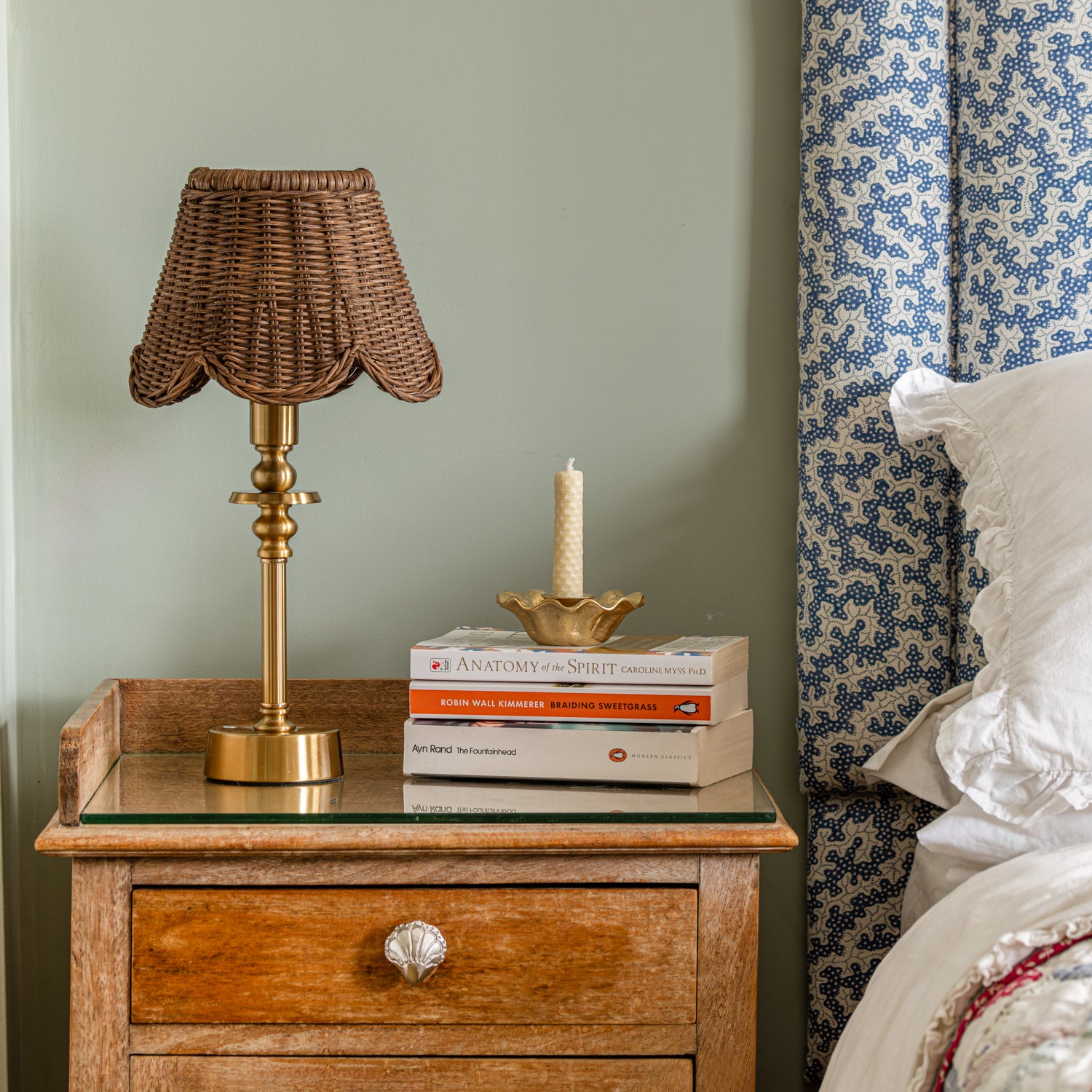 Mimi-scallop-lampshade-small-teak-with-a-lamp