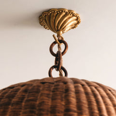 SHELL-BRASS-CEILING-ROSE-WITH-A-PENDANT-SHADE-CLOSE-UP