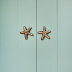 Starfish-shaped door handles on a light blue wooden door