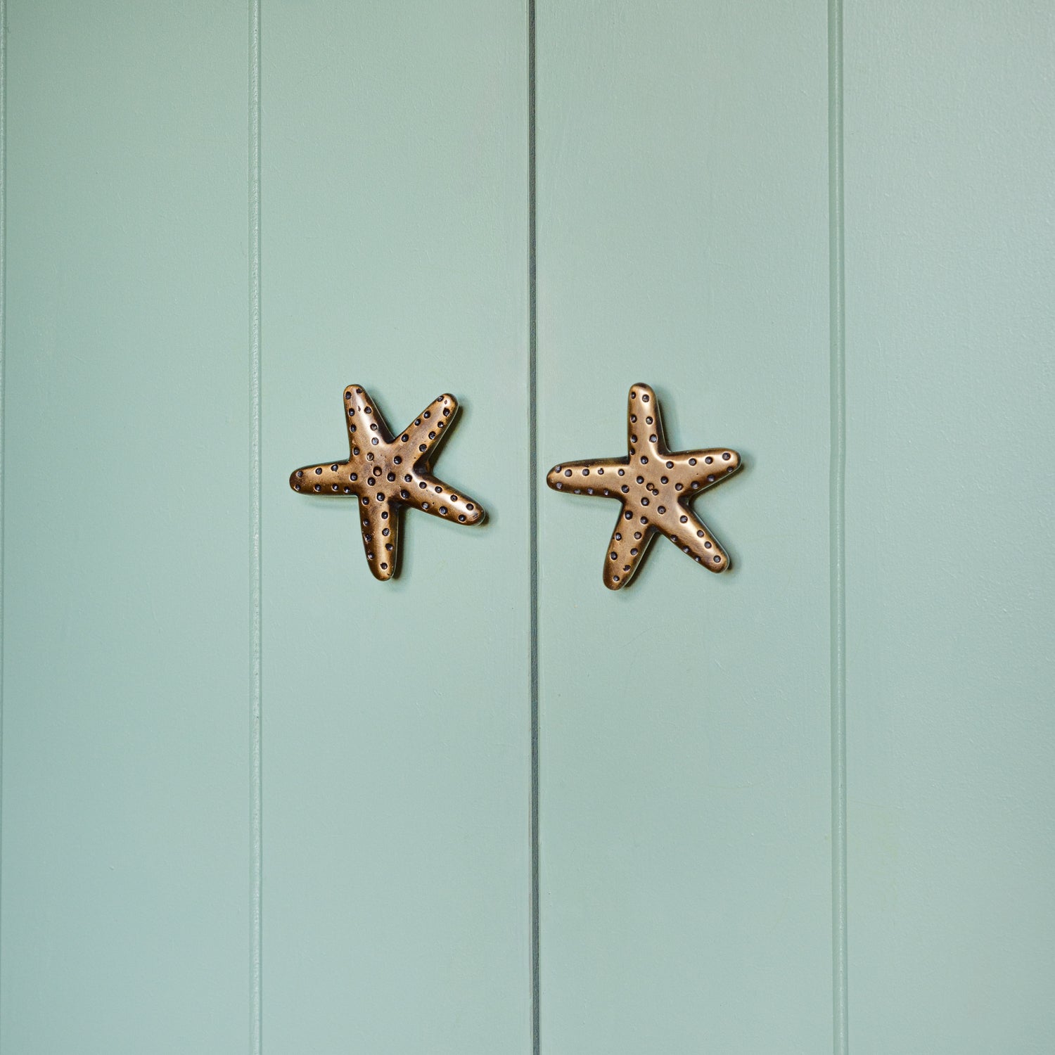 Starfish-shaped door handles on a light blue wooden door