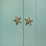 Starfish-shaped door handles on a light blue wooden door
