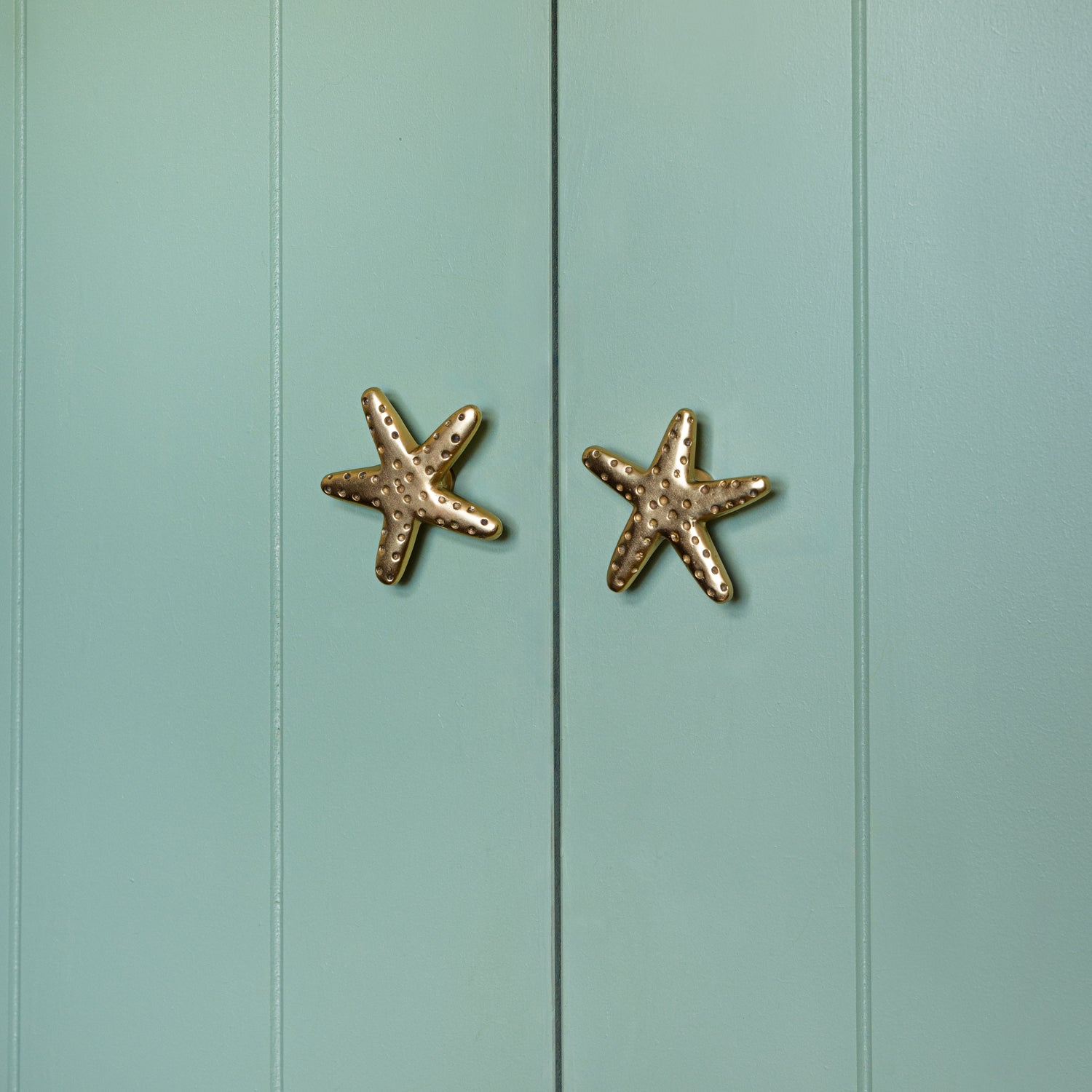 Starfish-shaped door handles on a light blue wooden door