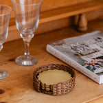 Scalloped-brass-coaster-set-with-rattan-holder
